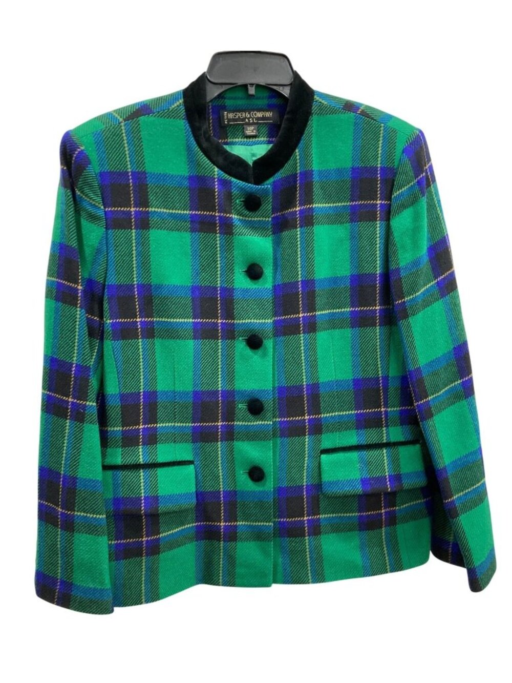 Vintage 80s Plaid Wool Blazer 14P Green Black Preppy Academia Quiet Luxury Retro